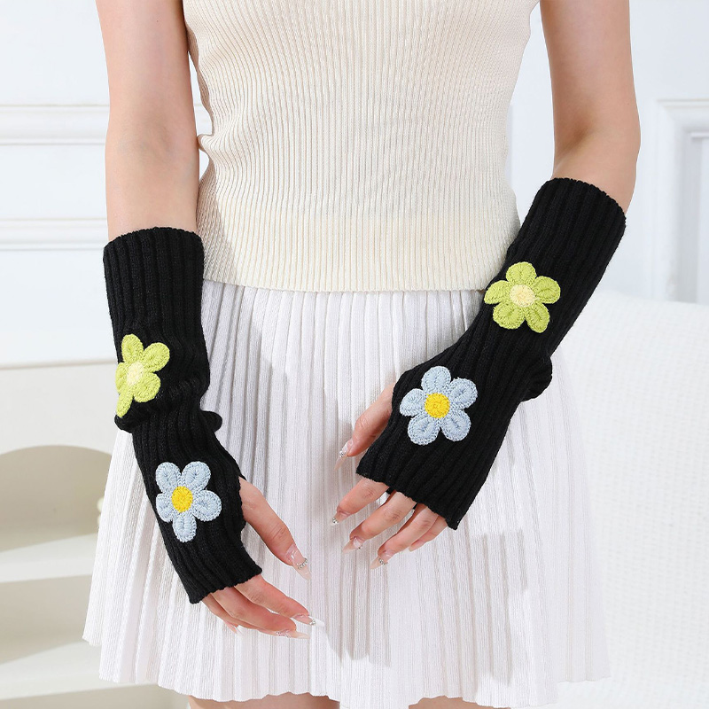 Fingerless Glove Knit - Y2Kアクセサリー スウィートピンクフラワー ハーフフィンガーアームウォーマー プレッピースタイル 冬用ニットフィンガーレスグローブ 女性用スリーブ1組