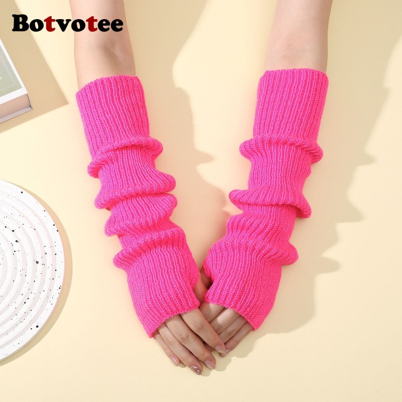 Fingerless Glove Knit - ボットボーティー Y2k アクセサリー ニット製暖かい冬用延長スリーブ フィンガーレスグローブ ブラック